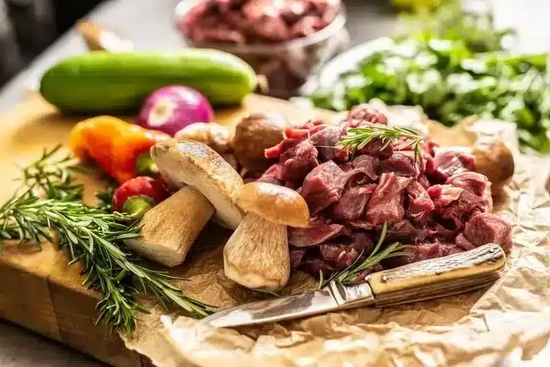 Meat Herbs and spices in chopping board